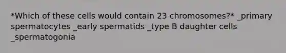 *Which of these cells would contain 23 chromosomes?* _primary spermatocytes _early spermatids _type B daughter cells _spermatogonia