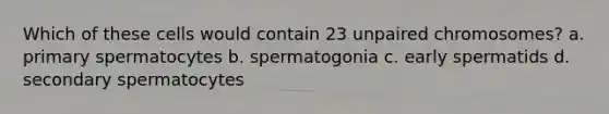 Which of these cells would contain 23 unpaired chromosomes? a. primary spermatocytes b. spermatogonia c. early spermatids d. secondary spermatocytes