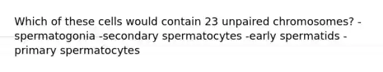 Which of these cells would contain 23 unpaired chromosomes? -spermatogonia -secondary spermatocytes -early spermatids -primary spermatocytes