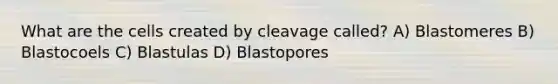 What are the cells created by cleavage called? A) Blastomeres B) Blastocoels C) Blastulas D) Blastopores