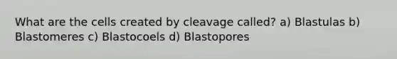 What are the cells created by cleavage called? a) Blastulas b) Blastomeres c) Blastocoels d) Blastopores