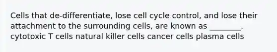 Cells that de-differentiate, lose <a href='https://www.questionai.com/knowledge/keQNMM7c75-cell-cycle' class='anchor-knowledge'>cell cycle</a> control, and lose their attachment to the surrounding cells, are known as ________. cytotoxic T cells natural killer cells cancer cells plasma cells