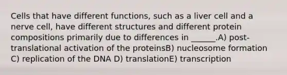 Cells that have different functions, such as a liver cell and a nerve cell, have different structures and different protein compositions primarily due to differences in ______.A) post-translational activation of the proteinsB) nucleosome formation C) replication of the DNA D) translationE) transcription