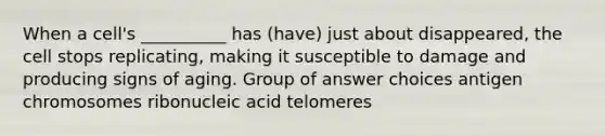 When a cell's __________ has (have) just about disappeared, the cell stops replicating, making it susceptible to damage and producing signs of aging. Group of answer choices antigen chromosomes ribonucleic acid telomeres