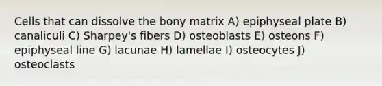 Cells that can dissolve the bony matrix A) epiphyseal plate B) canaliculi C) Sharpey's fibers D) osteoblasts E) osteons F) epiphyseal line G) lacunae H) lamellae I) osteocytes J) osteoclasts