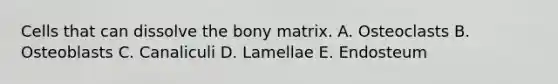 Cells that can dissolve the bony matrix. A. Osteoclasts B. Osteoblasts C. Canaliculi D. Lamellae E. Endosteum