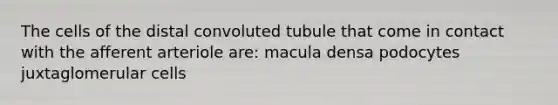 The cells of the distal convoluted tubule that come in contact with the afferent arteriole are: macula densa podocytes juxtaglomerular cells