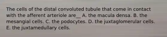 The cells of the distal convoluted tubule that come in contact with the afferent arteriole are__ A. the macula densa. B. the mesangial cells. C. the podocytes. D. the juxtaglomerular cells. E. the juxtamedullary cells.