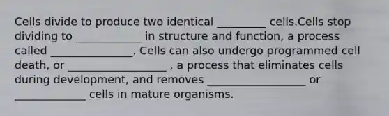 Cells divide to produce two identical _________ cells.Cells stop dividing to ____________ in structure and function, a process called _______________. Cells can also undergo programmed cell death, or __________________ , a process that eliminates cells during development, and removes __________________ or _____________ cells in mature organisms.