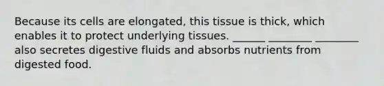 Because its cells are elongated, this tissue is thick, which enables it to protect underlying tissues. ______ ________ ________ also secretes digestive fluids and absorbs nutrients from digested food.