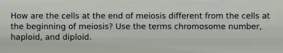 How are the cells at the end of meiosis different from the cells at the beginning of meiosis? Use the terms chromosome number, haploid, and diploid.