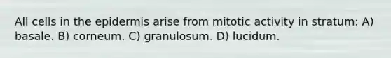 All cells in the epidermis arise from mitotic activity in stratum: A) basale. B) corneum. C) granulosum. D) lucidum.