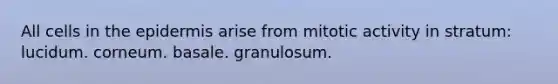 All cells in <a href='https://www.questionai.com/knowledge/kBFgQMpq6s-the-epidermis' class='anchor-knowledge'>the epidermis</a> arise from mitotic activity in stratum: lucidum. corneum. basale. granulosum.