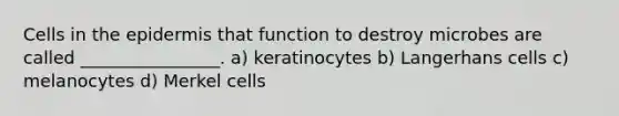 Cells in the epidermis that function to destroy microbes are called ________________. a) keratinocytes b) Langerhans cells c) melanocytes d) Merkel cells