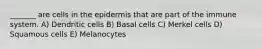 _______ are cells in the epidermis that are part of the immune system. A) Dendritic cells B) Basal cells C) Merkel cells D) Squamous cells E) Melanocytes