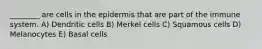 ________ are cells in the epidermis that are part of the immune system. A) Dendritic cells B) Merkel cells C) Squamous cells D) Melanocytes E) Basal cells