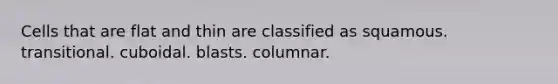 Cells that are flat and thin are classified as squamous. transitional. cuboidal. blasts. columnar.