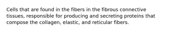 Cells that are found in the fibers in the fibrous <a href='https://www.questionai.com/knowledge/kYDr0DHyc8-connective-tissue' class='anchor-knowledge'>connective tissue</a>s, responsible for producing and secreting proteins that compose the collagen, elastic, and reticular fibers.