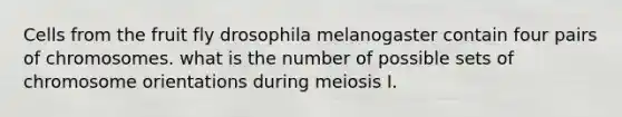 Cells from the fruit fly drosophila melanogaster contain four pairs of chromosomes. what is the number of possible sets of chromosome orientations during meiosis I.