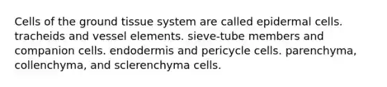 Cells of the ground tissue system are called epidermal cells. tracheids and vessel elements. sieve-tube members and companion cells. endodermis and pericycle cells. parenchyma, collenchyma, and sclerenchyma cells.