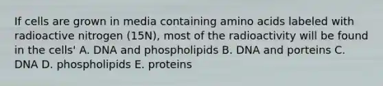 If cells are grown in media containing amino acids labeled with radioactive nitrogen (15N), most of the radioactivity will be found in the cells' A. DNA and phospholipids B. DNA and porteins C. DNA D. phospholipids E. proteins