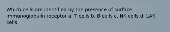 Which cells are identified by the presence of surface immunoglobulin receptor a. T cells b. B cells c. NK cells d. LAK cells