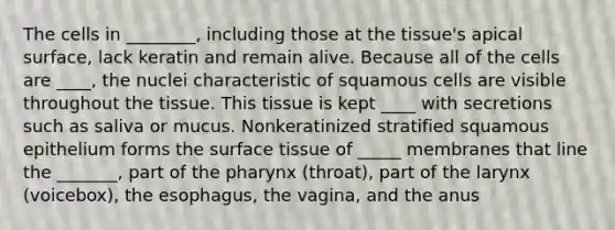 The cells in ________, including those at the tissue's apical surface, lack keratin and remain alive. Because all of the cells are ____, the nuclei characteristic of squamous cells are visible throughout the tissue. This tissue is kept ____ with secretions such as saliva or mucus. Nonkeratinized stratified squamous epithelium forms the surface tissue of _____ membranes that line the _______, part of <a href='https://www.questionai.com/knowledge/ktW97n6hGJ-the-pharynx' class='anchor-knowledge'>the pharynx</a> (throat), part of the larynx (voicebox), <a href='https://www.questionai.com/knowledge/kSjVhaa9qF-the-esophagus' class='anchor-knowledge'>the esophagus</a>, the vagina, and the anus