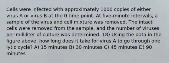 Cells were infected with approximately 1000 copies of either virus A or virus B at the 0 time point. At five-minute intervals, a sample of the virus and cell mixture was removed. The intact cells were removed from the sample, and the number of viruses per milliliter of culture was determined. 18) Using the data in the figure above, how long does it take for virus A to go through one lytic cycle? A) 15 minutes B) 30 minutes C) 45 minutes D) 90 minutes