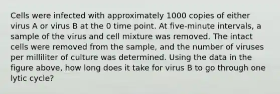 Cells were infected with approximately 1000 copies of either virus A or virus B at the 0 time point. At five-minute intervals, a sample of the virus and cell mixture was removed. The intact cells were removed from the sample, and the number of viruses per milliliter of culture was determined. Using the data in the figure above, how long does it take for virus B to go through one lytic cycle?