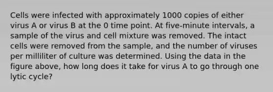 Cells were infected with approximately 1000 copies of either virus A or virus B at the 0 time point. At five-minute intervals, a sample of the virus and cell mixture was removed. The intact cells were removed from the sample, and the number of viruses per milliliter of culture was determined. Using the data in the figure above, how long does it take for virus A to go through one lytic cycle?