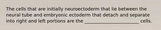 The cells that are initially neuroectoderm that lie between the neural tube and embryonic ectoderm that detach and separate into right and left portions are the ________________________ cells.