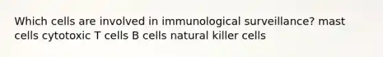 Which cells are involved in immunological surveillance? mast cells cytotoxic T cells B cells natural killer cells