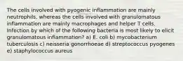 The cells involved with pyogenic inflammation are mainly neutrophils, whereas the cells involved with granulomatous inflammation are mainly macrophages and helper T cells. Infection by which of the following bacteria is most likely to elicit granulomatous inflammation? a) E. coli b) mycobacterium tuberculosis c) neisseria gonorrhoeae d) streptococcus pyogenes e) staphylococcus aureus