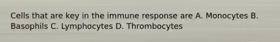 Cells that are key in the immune response are A. Monocytes B. Basophils C. Lymphocytes D. Thrombocytes