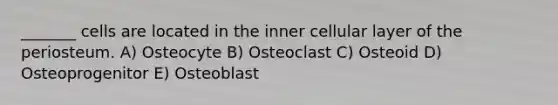 _______ cells are located in the inner cellular layer of the periosteum. A) Osteocyte B) Osteoclast C) Osteoid D) Osteoprogenitor E) Osteoblast