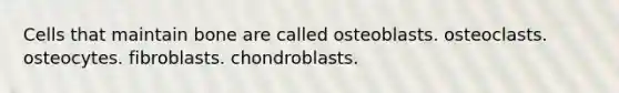 Cells that maintain bone are called osteoblasts. osteoclasts. osteocytes. fibroblasts. chondroblasts.