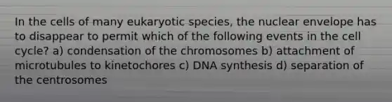 In the cells of many eukaryotic species, the nuclear envelope has to disappear to permit which of the following events in the cell cycle? a) condensation of the chromosomes b) attachment of microtubules to kinetochores c) DNA synthesis d) separation of the centrosomes