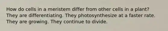 How do cells in a meristem differ from other cells in a plant? They are differentiating. They photosynthesize at a faster rate. They are growing. They continue to divide.