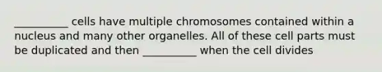 __________ cells have multiple chromosomes contained within a nucleus and many other organelles. All of these cell parts must be duplicated and then __________ when the cell divides