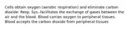 Cells obtain oxygen (aerobic respiration) and eliminate carbon dioxide: Resp. Sys.-facilitates the exchange of gases between the air and the blood. Blood carries oxygen to peripheral tissues. Blood accepts the carbon dioxide from peripheral tissues