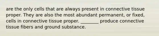 are the only cells that are always present in connective tissue proper. They are also the most abundant permanent, or fixed, cells in connective tissue proper. ________ produce connective tissue fibers and ground substance.