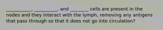 ___________, __________, and ________ cells are present in the nodes and they interact with the lymph, removing any antigens that pass through so that it does not go into circulation?