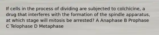 If cells in the process of dividing are subjected to colchicine, a drug that interferes with the formation of the spindle apparatus, at which stage will mitosis be arrested? A Anaphase B Prophase C Telophase D Metaphase