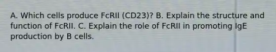 A. Which cells produce Fc RII (CD23)? B. Explain the structure and function of Fc RII. C. Explain the role of Fc RII in promoting IgE production by B cells.