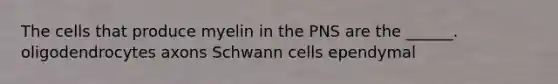 The cells that produce myelin in the PNS are the ______. oligodendrocytes axons Schwann cells ependymal