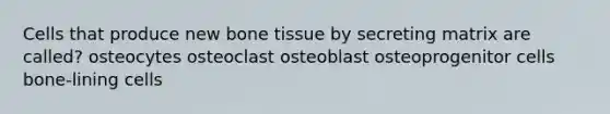 Cells that produce new bone tissue by secreting matrix are called? osteocytes osteoclast osteoblast osteoprogenitor cells bone-lining cells