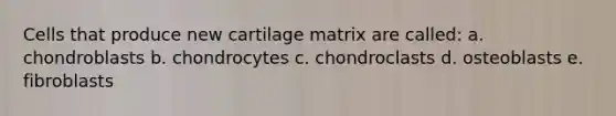 Cells that produce new cartilage matrix are called: a. chondroblasts b. chondrocytes c. chondroclasts d. osteoblasts e. fibroblasts