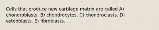 Cells that produce new cartilage matrix are called A) chondroblasts. B) chondrocytes. C) chondroclasts. D) osteoblasts. E) fibroblasts.