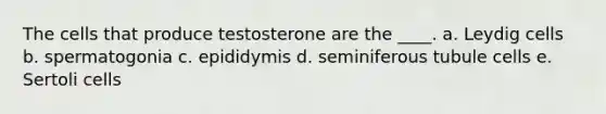 The cells that produce testosterone are the ____. a. Leydig cells b. spermatogonia c. epididymis d. seminiferous tubule cells e. Sertoli cells