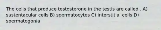 The cells that produce testosterone in the testis are called . A) sustentacular cells B) spermatocytes C) interstitial cells D) spermatogonia